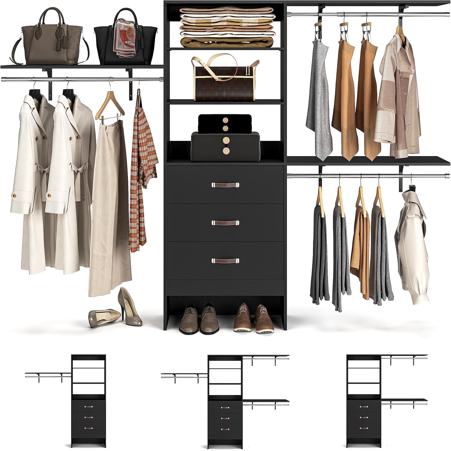 Armocity 96 Inches Closet System, 8FT Walk In Closet Organizer with 3 Shelving Towers, Black
